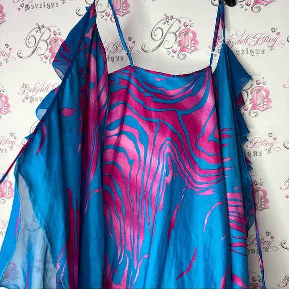 Hawaii Wrap dress satin silky shiny metallic blue & pink gorgeous beach coverup - Picture 3 of 8